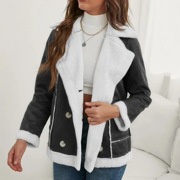 Cozy Charcoal Grey Luxe Teddy Vegan Suede Jacket Coat - Picture 4 of 8